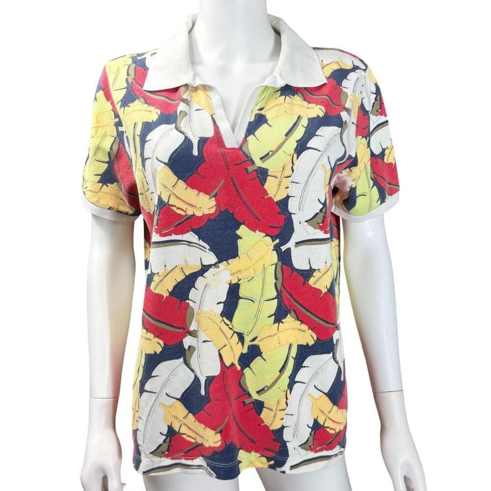 Women's Retro Leaf Print Polo Shirt Size L Colorful Resort Golf Short Sleeve